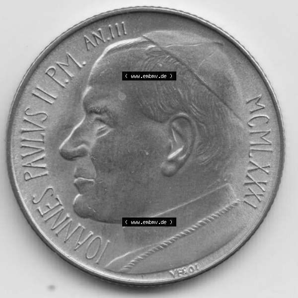 Grau bzw. s/w Münzen Vatikan / Vatikanstadt Umlaufmünze 1981-1981, 200 Lire Papst Johannes Paul II, Bild mit Vorderseite der Münze als Bildmaterial. Münze aus dem Vatikan der... Sammlung Graustufen
