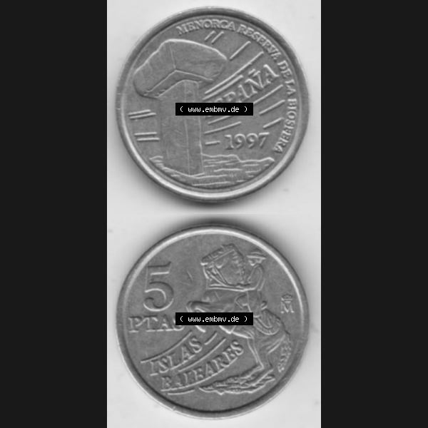 Grau bzw. s/w Münzen Spanien Umlaufmünze 1997-1997, 5 Peseten 1997, Münze aus Spanien, Umlaufmünze / aus Zahlungsverkehr mit Münzseiten Vertikal / Untereinander auf... Sammlung Graustufen