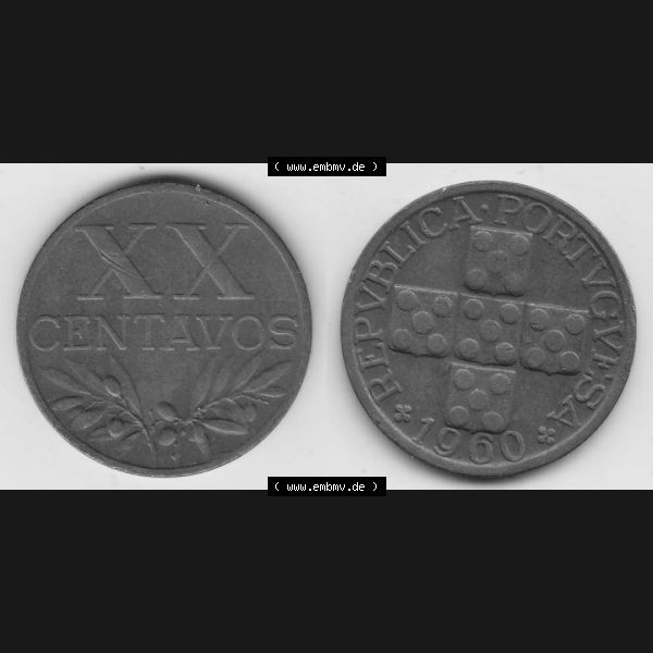 Grau bzw. s/w Münzen Portugal Umlaufmünze 1942-1969, 20 Centavos 1960. Vorderseite und Rückseite auf einen Bild/Foto der portugiesischen Umlaufmünze aus Portugal vor der Euro-Einführung... Sammlung Graustufen