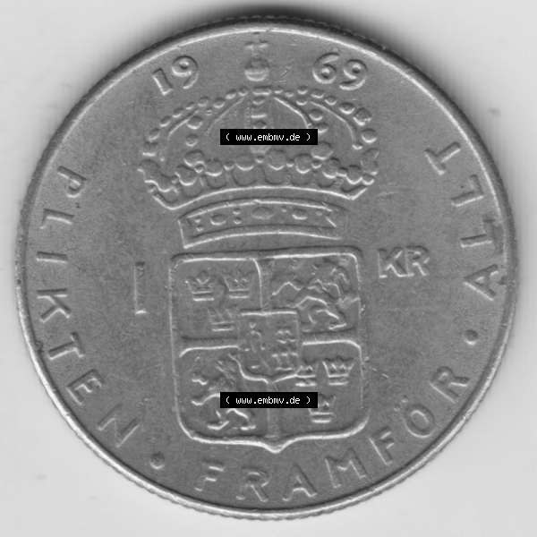 Grau bzw. s/w Münzen Schweden Umlaufmünze 1968-1973, 1 Krone 1969, Bild mit Rückseite der Münze als Bildmaterial Sammlung Graustufen
