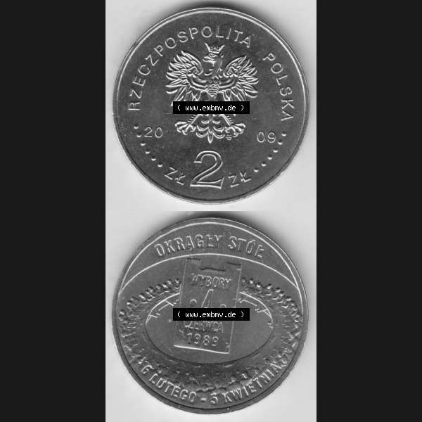 Grau bzw. s/w Münzen Polen Gedenkmünze 2009-2009, 2 Zloty, Parlamentswahlen am 4. Juni 1989, Münzseiten Untereinander als Bildmaterial Sammlung Graustufen