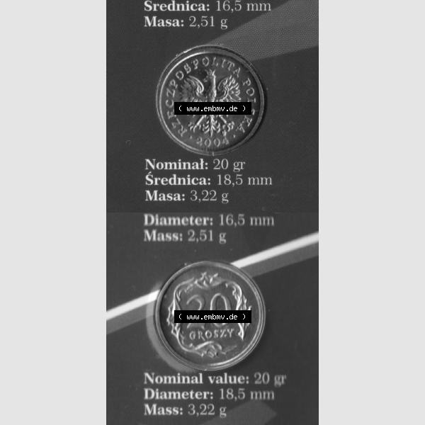 Grau bzw. s/w Münzen Polen KMS Umlaufmünze 2004, 20 Groszy, Münzseiten Untereinander als Bildmaterial Sammlung Graustufen