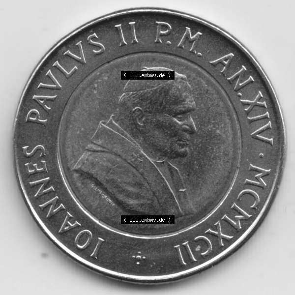 Grau bzw. s/w Münzen Vatikan / Vatikanstadt Umlaufmünze 1992-1992, 500 Lire Papst Giovanni Paolo II, Bild mit Vorderseite der Münze als Bildmaterial. Münze aus dem Vatikan... Sammlung Graustufen