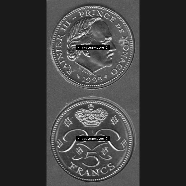 Grau bzw. s/w Münzen Monaco Umlaufmünze 1971-1995, 5 Francs 1995, Münzseiten Untereinander als Bildmaterial Sammlung Graustufen