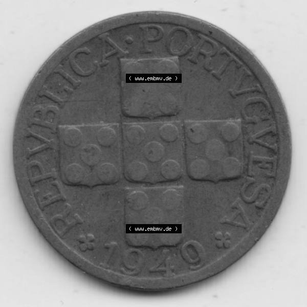 Grau bzw. s/w Münzen Portugal Umlaufmünze 1942-1969, 20 Centavos 1949. Rückseite der portugiesischen Umlaufmünze aus Portugal vor der Euro-Einführung in Portugal zum katalogisieren... Sammlung Graustufen