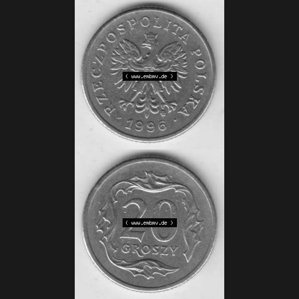 Grau bzw. s/w Münzen Polen Umlaufmünze 1990-2016, 20 Groszy 1996, Münzseiten Untereinander als Bildmaterial Sammlung Graustufen
