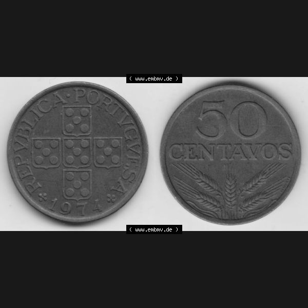 Grau bzw. s/w Münzen Portugal Umlaufmünze 1969-1979, 50 Centavos 1974. Vorderseite und Rückseite auf einen Bild/Foto der portugiesischen Umlaufmünze aus Portugal vor der Euro-Einführung... Sammlung Graustufen