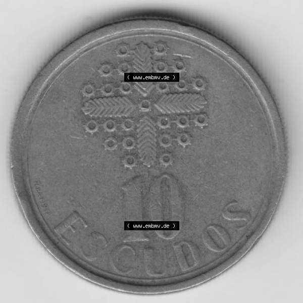 Grau bzw. s/w Münzen Portugal Umlaufmünze 1986-2001, 10 Escudos 1987. Vorderseite der Escudo Umlaufmünze aus Portugal vor EInführung der Euromünzen in Portugal zum katalogisieren... Sammlung Graustufen