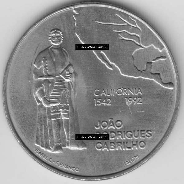 Grau bzw. s/w Münzen Portugal Gedenkmünze 1992-1992, 200 Escudos, California 1542-1992, Joao Rodrigues Cabrilho. Rückseite der portugiesischen Gedenkmünze aus Portugal vor... Sammlung Graustufen