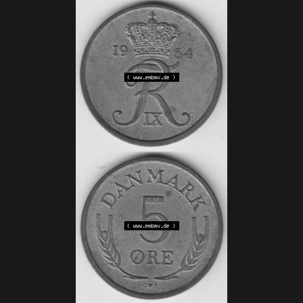Grau bzw. s/w Münzen Dänemark Umlaufmünze 1964, 5 Öre. Vorderseite und Rückseite vertikal auf einen digitalen Bild der alten dänischen Umlaufmünze aus Dänemark zum... Sammlung Graustufen