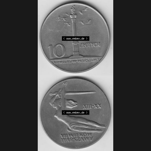 Grau bzw. s/w Münzen Polen Gedenkmünze 1965-1965, 10 Zloty 700 Jahre Warschau, Sigismundssäule, Münzseiten Untereinander als Bildmaterial Sammlung Graustufen