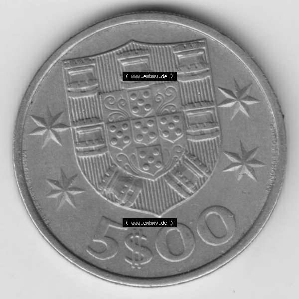 Grau bzw. s/w Münzen Portugal Umlaufmünze 1963-1986, 5 Escudos 1984. Vorderseite der Escudo Umlaufmünze aus Portugal vor EInführung der Euromünzen in Portugal zum katalogisieren... Sammlung Graustufen