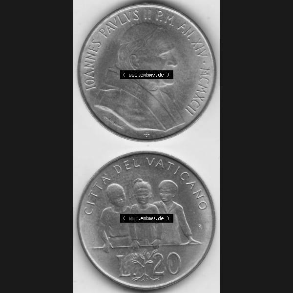 Grau bzw. s/w Münzen Vatikan / Vatikanstadt Umlaufmünze 1992-1992, 20 Lire Papst Giovanni Paolo II, Münzseiten Untereinander als Bildmaterial. Münze aus dem Vatikan der Vatikanstadt... Sammlung Graustufen