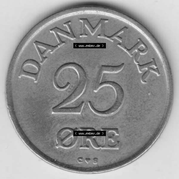 Grau bzw. s/w Münzen Dänemark Umlaufmünze 1948-1960, 25 Öre 1958. Rückseite der alten dänischen Umlaufmünze aus Dänemark zum katalogisieren und verwalten im Münzen-Katalog... Sammlung Graustufen