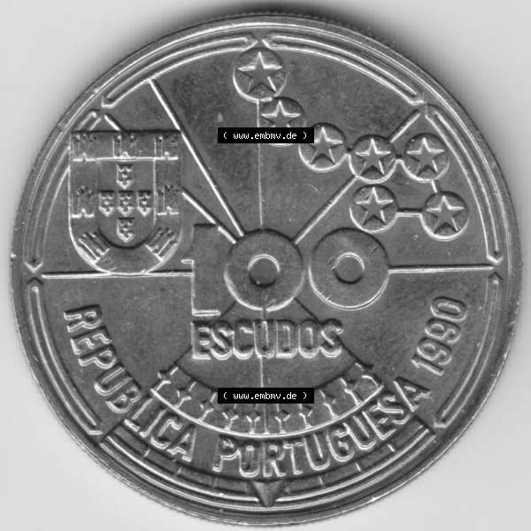 Grau bzw. s/w Münzen Portugal Gedenkmünze 1990-1990, 100 Escudos, Atlantido 1455-1485, Astronomica. Vorderseite der Gedenkmünze aus Portugal zum katalogisieren im Münzen-Katalog... Sammlung Graustufen