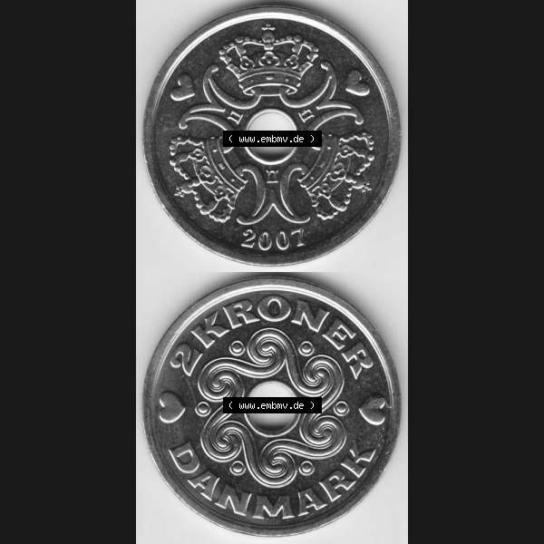 Grau bzw. s/w Münzen Dänemark Umlaufmünze 2007, 2 Kroner, Kronen. Vorderseite und Rückseite vertikal auf einen digitalen Bild der alten dänischen Umlaufmünze aus Dänemark... Sammlung Graustufen