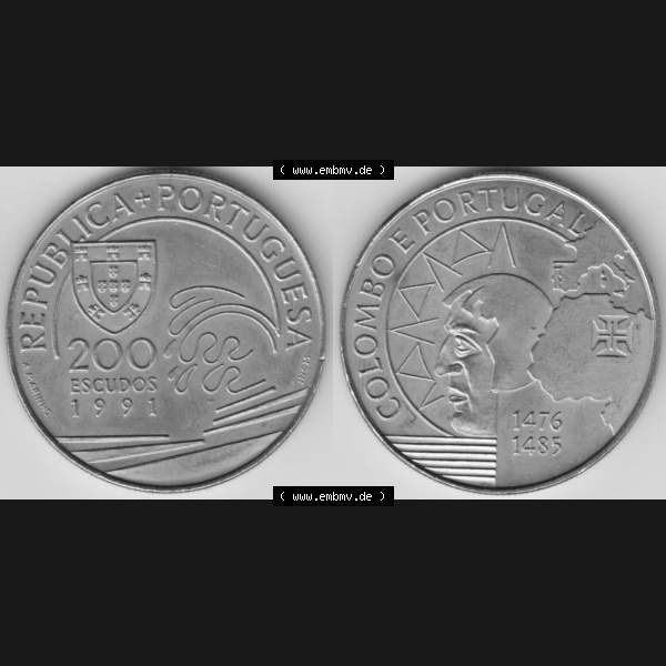 Grau bzw. s/w Münzen Portugal Gedenkmünze 1991-1991, 200 Escudos, Colombo E Portugal 1476-1485. Vorderseite und Rückseite auf einen Bild/Foto der portugiesischen Gedenkmünze... Sammlung Graustufen