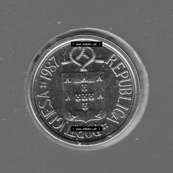 Grau bzw. s/w Münzen Portugal KMS Umlaufmünze 1987, 10 Escudo I. Rückseite der portugiesischen Umlaufmünze aus Portugal vor der Euro-Einführung in Portugal zum katalogisieren im... Sammlung Graustufen