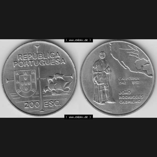 Grau bzw. s/w Münzen Portugal Gedenkmünze 1992-1992, 200 Escudos, California 1542-1992, Joao Rodrigues Cabrilho. Vorderseite und Rückseite auf einen Bild/Foto der portugiesischen... Sammlung Graustufen