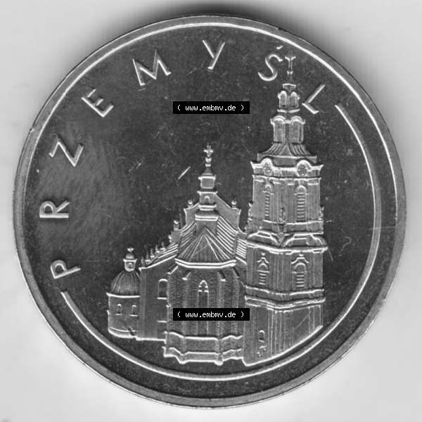 Grau bzw. s/w Münzen Polen Gedenkmünze 2007-2007, 2 Zloty, Historische Städte in Polen - Przemysl, Bild mit Rückseite der Münze als Bildmaterial Sammlung Graustufen