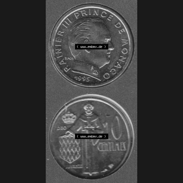 Grau bzw. s/w Münzen Monaco Umlaufmünze 1962-1995, 10 Centimes 1995, Münzseiten Untereinander als Bildmaterial Sammlung Graustufen