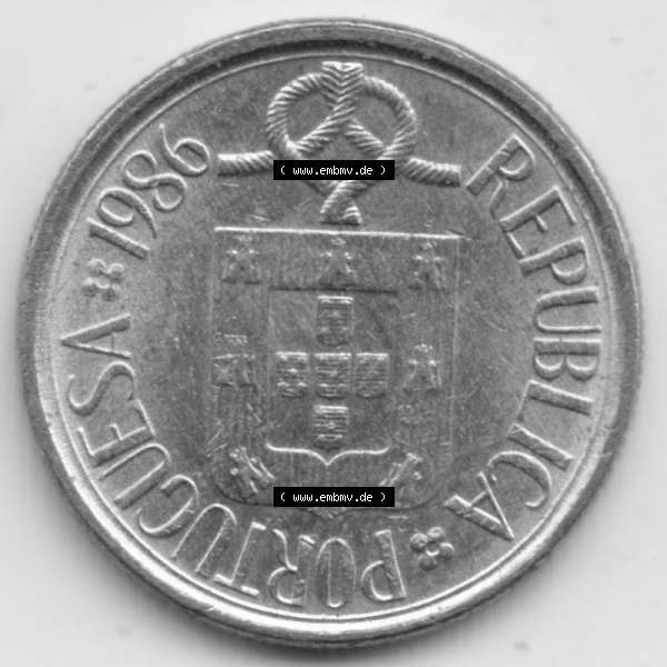 Grau bzw. s/w Münzen Portugal Umlaufmünze 1986-2001, 1 Escudo 1986. Rückseite der portugiesischen Umlaufmünze aus Portugal vor der Euro-Einführung in Portugal zum katalogisieren... Sammlung Graustufen