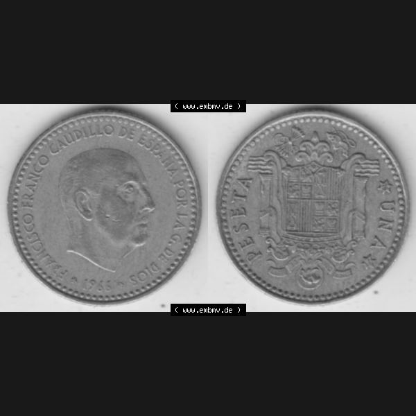 Grau bzw. s/w Münzen Spanien Umlaufmünze 1966-1966, 1 Peseta, Pesete, Bild mit Vollansicht als Bildmaterial Sammlung Graustufen