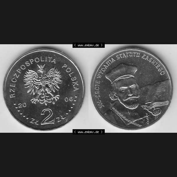 Grau bzw. s/w Münzen Polen Gedenkmünze 2006-2006, 2 Zloty, 500. Jahrestag - Proklamation des Statuts von Jan Laski, Bild mit Vollansicht als Bildmaterial Sammlung Graustufen
