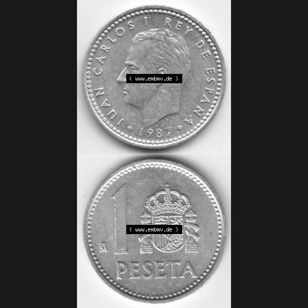 Grau bzw. s/w Münzen Spanien Umlaufmünze 1982-1989, 1 Peseta, 1 Pesete 1987, Münze aus Spanien, Umlaufmünze / aus Zahlungsverkehr mit Münzseiten Vertikal / Untereinander... Sammlung Graustufen