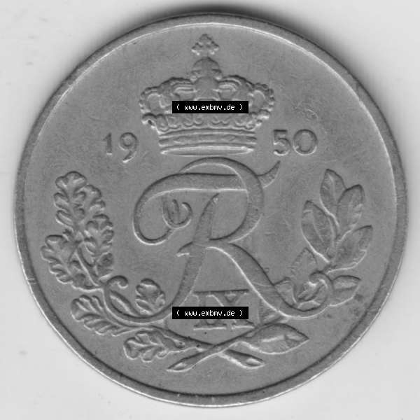 Grau bzw. s/w Münzen Dänemark Umlaufmünze 1948-1960, 25 Öre 1950. Vorderseite der alten dänischen Umlaufmünze aus Dänemark zum katalogisieren und verwalten im Münzen-Katalog... Sammlung Graustufen