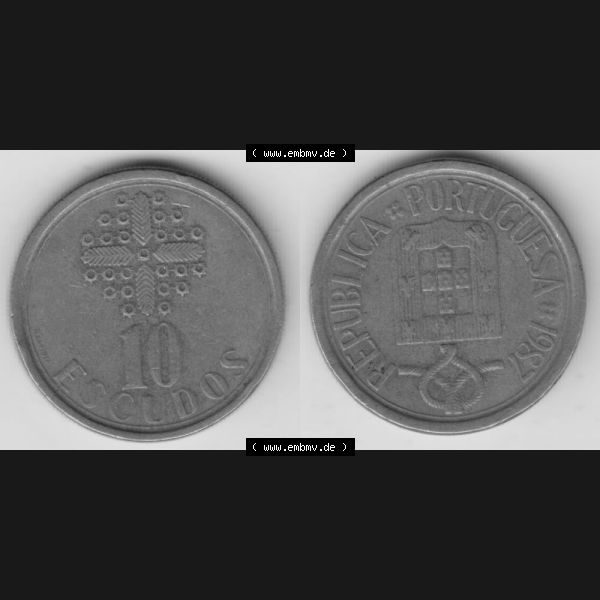 Grau bzw. s/w Münzen Portugal Umlaufmünze 1986-2001, 10 Escudos 1987. Vorderseite und Rückseite auf einen Bild/Foto der portugiesischen Umlaufmünze aus Portugal vor der Euro-Einführung... Sammlung Graustufen