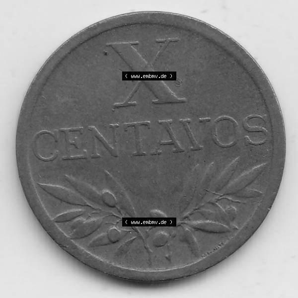 Grau bzw. s/w Münzen Portugal Umlaufmünze 1942-1969, 10 Centavos 1958. Vorderseite der Escudo Umlaufmünze aus Portugal vor EInführung der Euromünzen in Portugal zum katalogisieren... Sammlung Graustufen