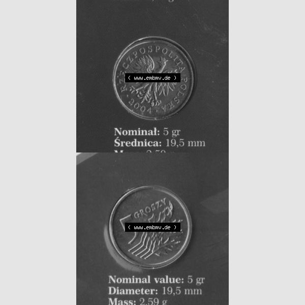 Grau bzw. s/w Münzen Polen KMS Umlaufmünze 2004, 5 Groszy, Münzseiten Untereinander als Bildmaterial Sammlung Graustufen