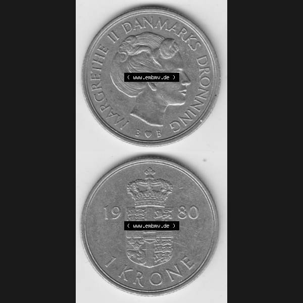 Grau bzw. s/w Münzen Dänemark Umlaufmünze 1979-1981, 1 Krone 1980 Kursmünze. Vorderseite und Rückseite vertikal auf einen digitalen Bild der alten dänischen Umlaufmünze... Sammlung Graustufen
