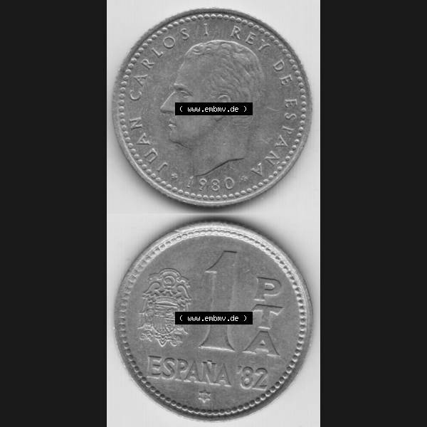 Grau bzw. s/w Münzen Spanien Umlaufmünze 1980, 1980-1982, 1 PTA, Pesete 1980, Münze aus Spanien, Umlaufmünze / aus Zahlungsverkehr mit Münzseiten Vertikal /... Sammlung Graustufen