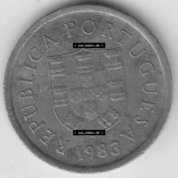 Grau bzw. s/w Münzen Portugal Umlaufmünze 1981-1986, 1 Escudo 1983. Rückseite der portugiesischen Umlaufmünze aus Portugal vor der Euro-Einführung in Portugal zum katalogisieren... Sammlung Graustufen
