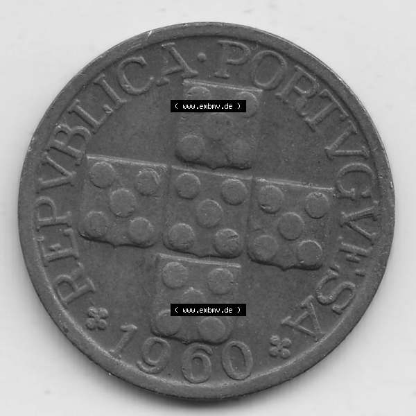 Grau bzw. s/w Münzen Portugal Umlaufmünze 1942-1969, 20 Centavos 1960. Rückseite der portugiesischen Umlaufmünze aus Portugal vor der Euro-Einführung in Portugal zum katalogisieren... Sammlung Graustufen