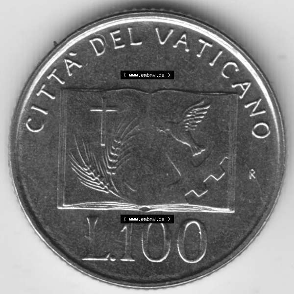 Grau bzw. s/w Münzen Vatikan / Vatikanstadt Umlaufmünze 1992-1992, 100 Lire Papst Giovanni Paolo II, Bild mit Rückseite der Münze als Bildmaterial. Münze aus dem Vatikan... Sammlung Graustufen