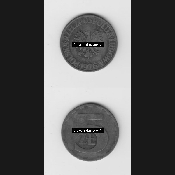 Grau bzw. s/w Münzen Polen Umlaufmünze 1975-1985, 5 Zlotych 1976, Münzseiten Untereinander als Bildmaterial Sammlung Graustufen