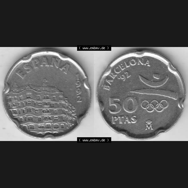 Grau bzw. s/w Münzen Spanien Umlaufmünze 1992-1992, 50 PTAS - Peseten 1992, Bild mit Vollansicht als Bildmaterial Sammlung Graustufen