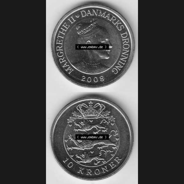 Grau bzw. s/w Münzen Dänemark Umlaufmünze 2008, 10 Kroner, Kronen. Vorderseite und Rückseite vertikal auf einen digitalen Bild der alten dänischen Umlaufmünze aus Dänemark... Sammlung Graustufen