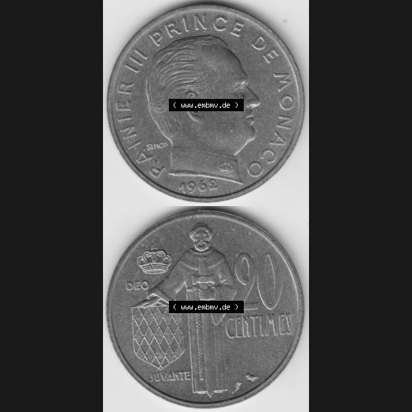 Grau bzw. s/w Münzen Monaco Umlaufmünze 1962-1995, 20 Centimes 1962, Münzseiten Untereinander als Bildmaterial Sammlung Graustufen