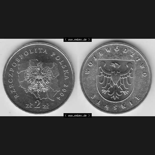 Grau bzw. s/w Münzen Polen Gedenkmünze 2004-2004, 2 Zloty, Woiwodschaft Niederschlesien, Bild mit Vollansicht als Bildmaterial Sammlung Graustufen