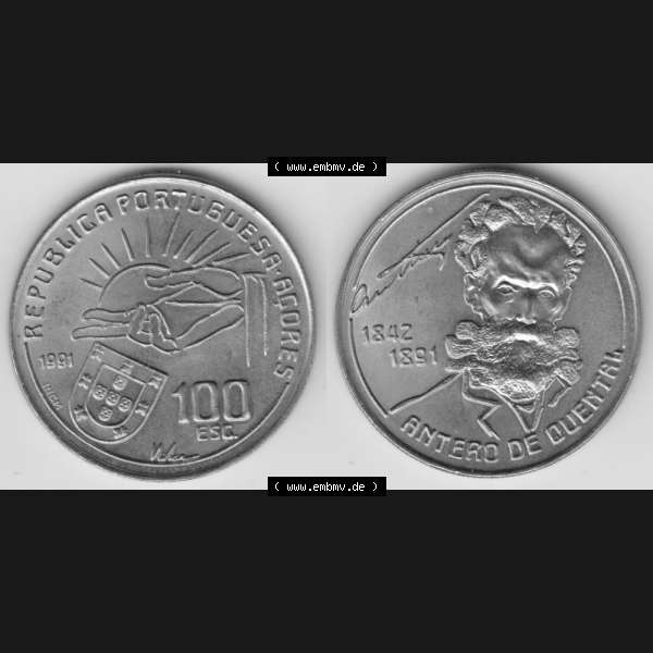 Grau bzw. s/w Münzen Portugal Gedenkmünze 1991-1991, 100 Escudos Antero de Quental, 1842-1891. Vorderseite und Rückseite auf einen Bild/Foto der portugiesischen Gedenkmünze... Sammlung Graustufen