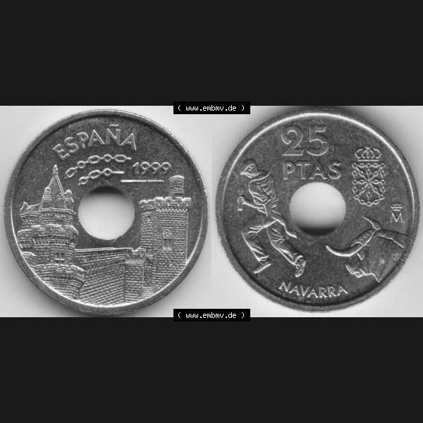 Grau bzw. s/w Münzen Spanien Umlaufmünze 1999-1999, 25 PTAS, Peseten 1999, Bild mit Vollansicht als Bildmaterial Sammlung Graustufen