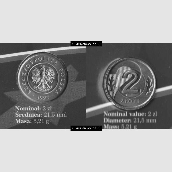 Grau bzw. s/w Münzen Polen KMS Umlaufmünze 1995, 2 Zloty, Bild mit Vollansicht als Bildmaterial Sammlung Graustufen