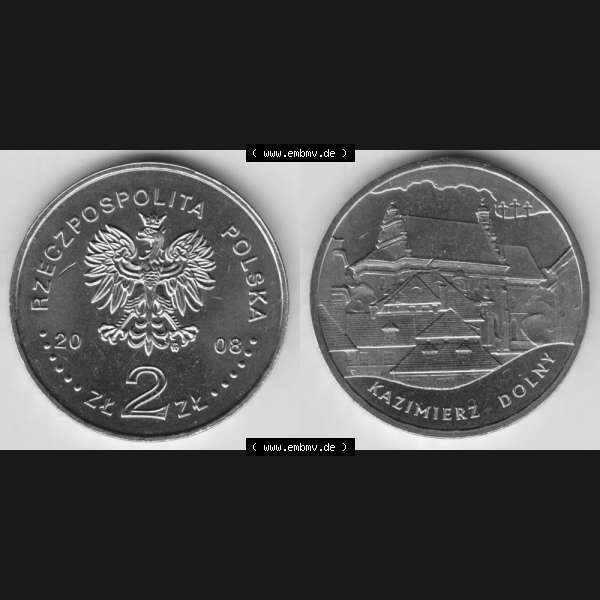 Grau bzw. s/w Münzen Polen Gedenkmünze 2008-2008, 2 Zloty, Kulturdenkmäler Polens - Kazimierz Dolny, Bild mit Vollansicht als Bildmaterial Sammlung Graustufen