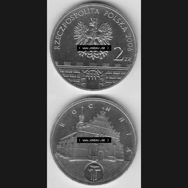 Grau bzw. s/w Münzen Polen Gedenkmünze 2006-2006, 2 Zloty, Historische Städte in Polen - Salzberg, Münzseiten Untereinander als Bildmaterial Sammlung Graustufen