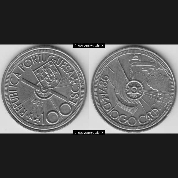 Grau bzw. s/w Münzen Portugal Gedenkmünze 1987-1987, 100 Escudo, Diogo Cao 1486. Vorderseite und Rückseite auf einen Bild/Foto der portugiesischen Gedenkmünze aus Portugal... Sammlung Graustufen