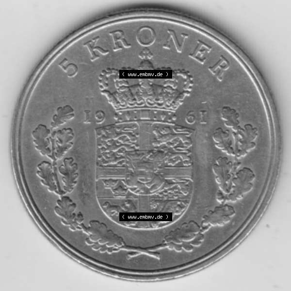 Grau bzw. s/w Münzen Dänemark Umlaufmünze 1960-1972, 5 Kronen 1961, König Frederick IX. Rückseite der alten dänischen Umlaufmünze aus Dänemark zum katalogisieren... Sammlung Graustufen
